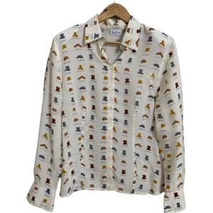 Vintage Betty Barclay Blouse Equestrian Western Hats‎ Beige Silk Size 46 M/L